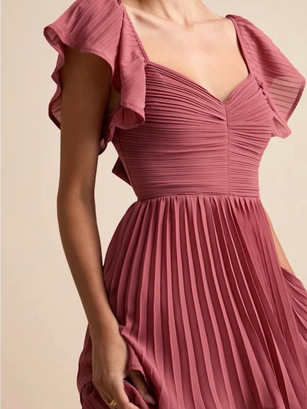 Lulu's Notorious Charm Dusty Rose Pleated Maxi Dress with Ruffle Sleeves